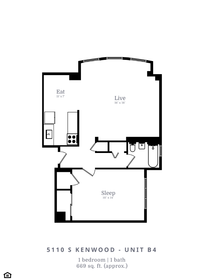 Floor plan for 1 bed, 1 bath, 669 sqft
